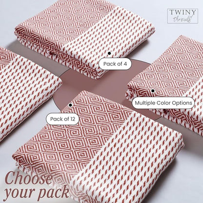 TWINY threads Kitchen Towel Diamond Weave, Premium Kitchen Linen Set, Large 100% Cotton Dish Rags, Absorbent Quick Drying for Daily Use, Washable Reusable, Set of 4, 18x26 Inches, Rust