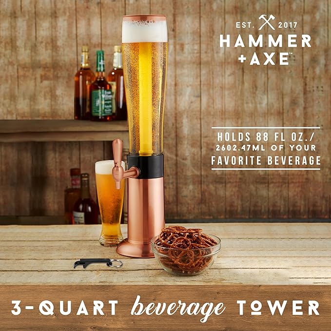 Hammer + Axe Beverage Dispenser – 88 oz Party Drink Dispenser with Ice Tube & Tap| Drink Fountain for Beer, Water, Iced Tea| Mimosa Tower| Margarita Tower| BBQ & Tailgate Essential| Home Bar Accessory