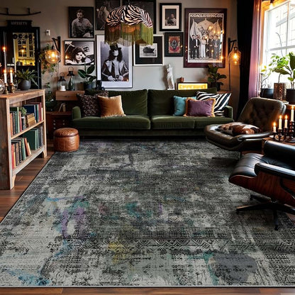 Kokia Abstract Area Rugs 8x10 Bedroom Soft Living Room Black-Gray Rugs Washable Distressed Vintage Comfy Carpet with Non-Slip Backing for Farmhouse Home Office Room Decor