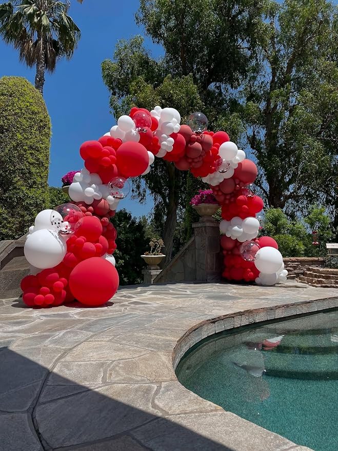 Red White Balloons Arch Kit, 124pcs Red and White Confetti Balloons with 16ft Tape Strip & Dot Glue for Graduation Birthday Baby Shower Wedding Party Decorations
