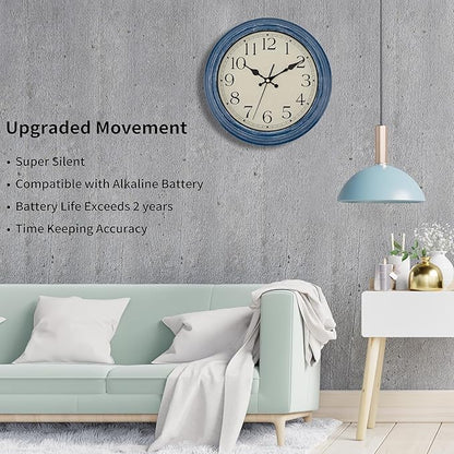 Foxtop 12 Inch Wall Clocks Battery Operated Silent Non-Ticking Classic Vintage Retro Wall Clock Decorative for Office Living Room Kitchen Home (Blue)