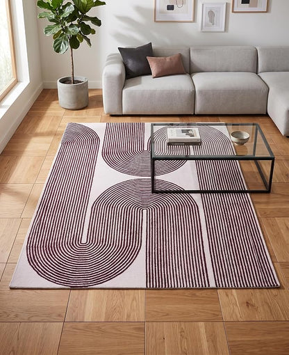 Modern Handmade Wool Area Rug, Abstract Curved Line Geometric Indoor Carpet for Living Room Bedroom, Contemporary Tufted Rug with Soft Pile and Cotton Backing (Deep Plum, 5' x 8')
