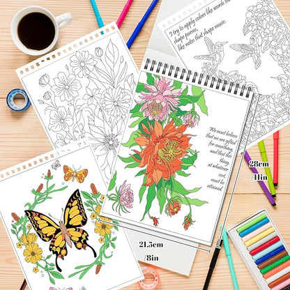 Kalysky Easy and Cozy Adult Coloring Book Set, 3 Stress Relief Coloring Books for Adults Relaxation, Flower Inspirational Quotes Coloring Books