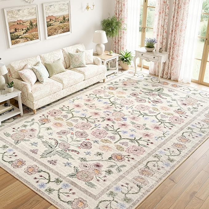 Maxsoft 8x10 Area Rugs for Living Room Bedroom, Floral Vintage Large Rug with Rubber Backing: Soft Non-Slip and Washable Low Pile Throw Carpet for Dining Room Kitchen Home Decor, Pink