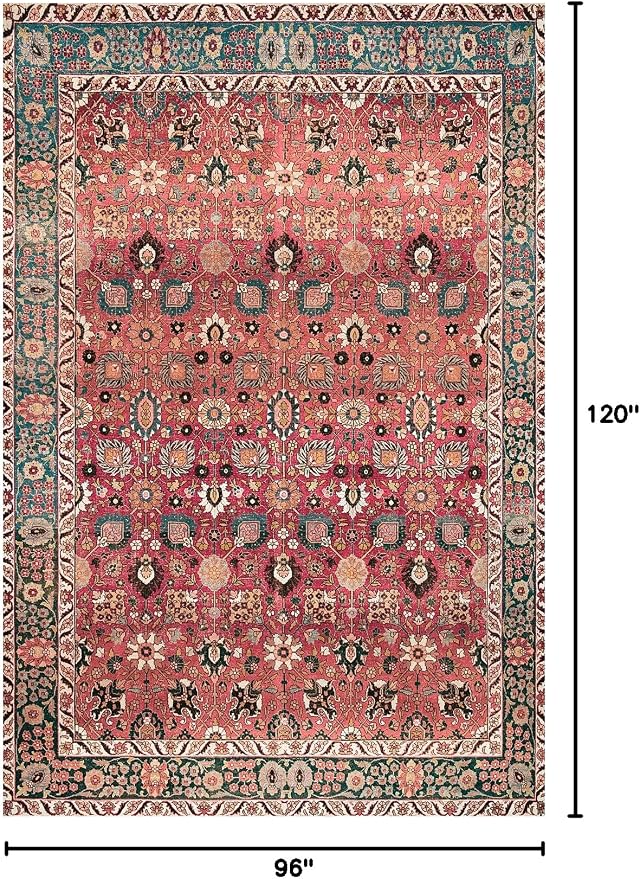 vivorug 8x10 Area Rugs for Living Room, Non-Slip Backing Washable Rug 8x10, Red Large Area Rug Soft Carpet for Bedroom Dining Room, Vintage, Easy Clean, Durable, Low Pile Rug Under Table