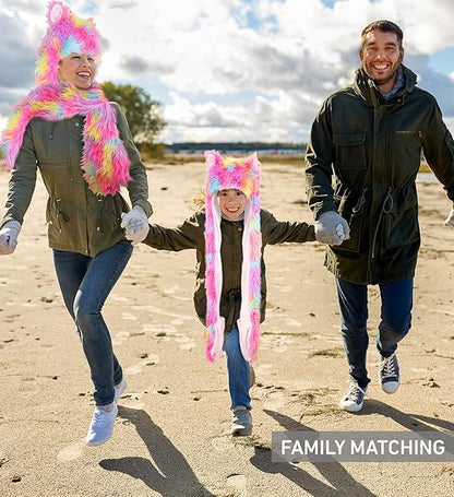 DolliBu Rainbow Plush Hat - Super Soft Warm Winter Hat with Ear Flaps, Funny Party Costume, Stuffed Beanie for Kids & Teens - One Size