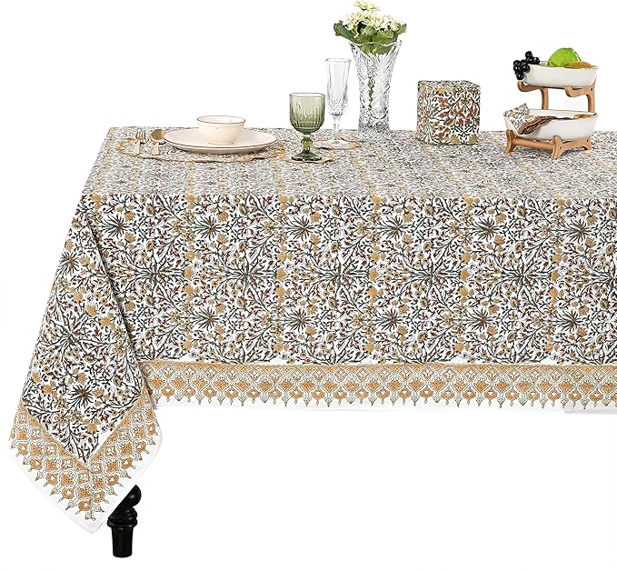 Ridhi Hand Block Print Goldenrod Yellow Rectangle Cotton Tablecloth 102" x 48" Reusable Table Cover Decorative Everyday Use for Dining, Farmhouse, Home Gift for Spring, Easter, Valentine