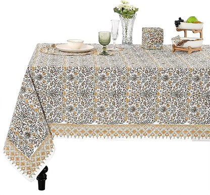 Ridhi Hand Block Print Goldenrod Yellow Rectangle Cotton Tablecloth 102" x 48" Reusable Table Cover Decorative Everyday Use for Dining, Farmhouse, Home Gift for Spring, Easter, Valentine