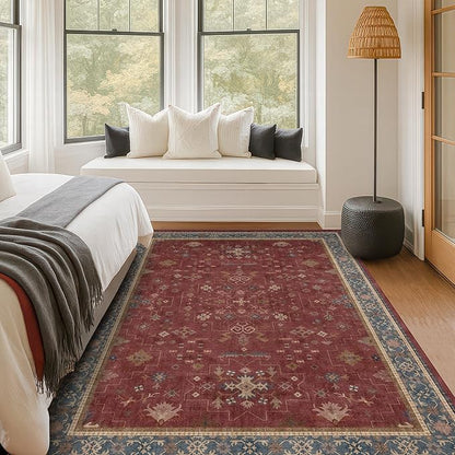5x8 Boho Dark Red Rug for Living Room - Vintage Oriental Revival Low-Pile Carpet for Bedroom, Dining Table, Machine Washable Area Rug Non-Slip with Rubber Back
