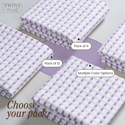 TWINY threads Waffle Weave Kitchen Towels Set of 4, Premium 100% Cotton, 16x26 Inches Dishcloths Pack, Ultra Absorbent & Quick Dry Wash Rags for Home Kitchens, Lavender, White