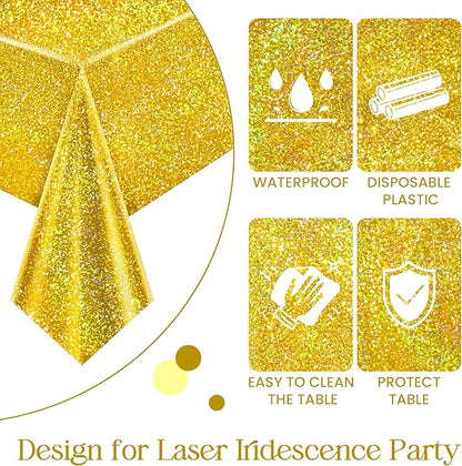 Just Shimmer Sparkling Pink & Gold Holographic Laser Tablecloth - Shimmering, Waterproof, Easy to Clean - Ideal for Bachelorette, Birthday, Wedding, and Anniversary Party Decorations