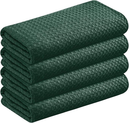 Forest Green Kitchen Towels – Waffle Weave, 100% Cotton, Soft & Absorbent, Fast Dry, Durable, 16x26 Inches, Perfect for Dish Drying, Cleaning, and Everyday Use, Set of 4, Olive Green