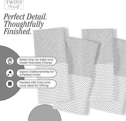 TWINY threads Dish Towel Diamond Weave, Premium 100% Cotton Kitchen Linen Set, Large Dish Rags and Wash Rags, Absorbent Quick Drying, Washable Reusable Dishcloth Set, 4 Pack, 18"x26", Light Grey
