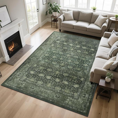 Large 8x10 Washable Area Rug for Living Room, Non Slip Vintage Traditional Rugs for Bedroom, Indoor Thin Accent Floral Nursery Carpet for Dining Room, Farmhouse (Distressed Green)