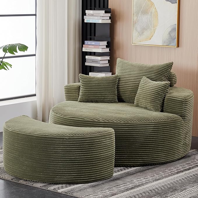 55.11" W Oversized Round Chaise Lounge Chair, Deep Seat Corduroy Cloud with Pillows, Moveable Ottoman and Blanket– Comfy Circle Loveseat Sofa Chair for Living Room or Bedroom (Green)