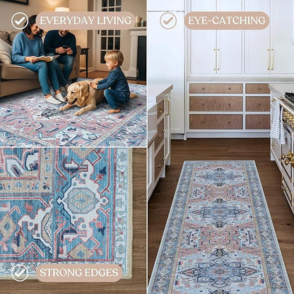 Washable Area Rug. Modern Farmhouse. Vintage. Turkish. Bohemian. Distressed. Oriental. Traditional. Rugs for Living Room. Dining. Bedroom. Office. Entryway. Foyer. (861NT, 9' x 12')