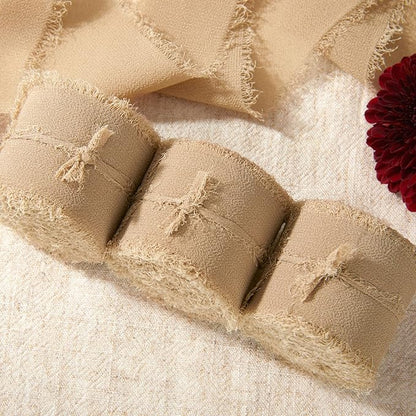 3 Rolls Fall Light Brown Handmade Fringe Chiffon Ribbon, 1.5" x 7Yd Chiffon Silk Ribbons, Gift Wrapping Ribbons Set for Bridal Bouquets, Gift Wrapping, Wedding, Bouquet Wrap, DIY Crafts