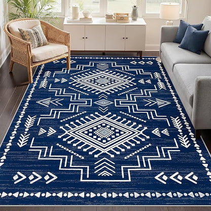 Joydeco Moroccan Rug 8x10 for Living Room, Navy Blue Washable Area Rugs for Bedroom, Low Pile Western Modern Carpet for Dining Room Table, Distressed Aztec Soft Carpet for Office Home Decor