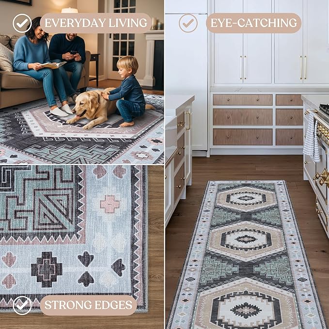 Fame Living Washable Area Rug. Modern Farmhouse. Vintage. Turkish. Bohemian. Distressed. Oriental. Traditional. Rugs for Living Room. Dining. Bedroom. Office. Entryway. (856BlckGry, 2'5" x 4'9")