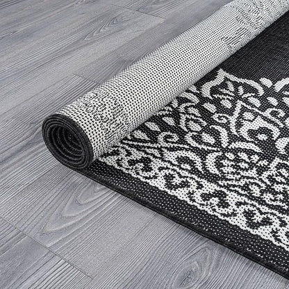 CAMILSON Outdoor Rug, 5x7 Medallion Black White Modern Area Rugs for Indoor and Outdoor Patios, Kitchen and Hallway Mats, Washable Porch Deck Outside Carpet (Medallion Black, 5 x 7)