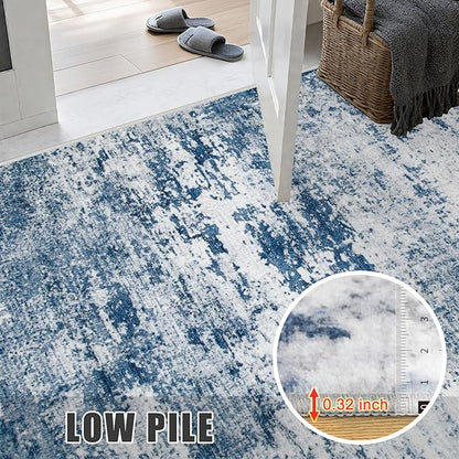 Round Area Rug for Living Room: 5 ft Washable Modern Abstract Soft Thin Rug Indoor Floor No Slip Stain Resistant Carpet for Bedroom Dining Room Farmhouse Nursery Home Office - Blue