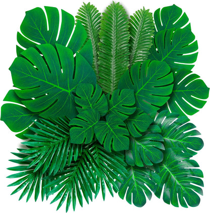 Decopom Palm Leaves Artificial Tropical Monstera 36Pack 6 Kinds Large Small Green Fake Palm Leaf with Stems