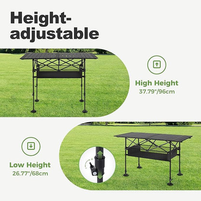 LET'S CAMP Folding Camping Table, Portable Aluminum Roll-up Picnic Backpacking Table with Adjustable Height, Large Storage and Carrying Bag for Picnic, Camping, BBQ, Party, Backyard, Beach