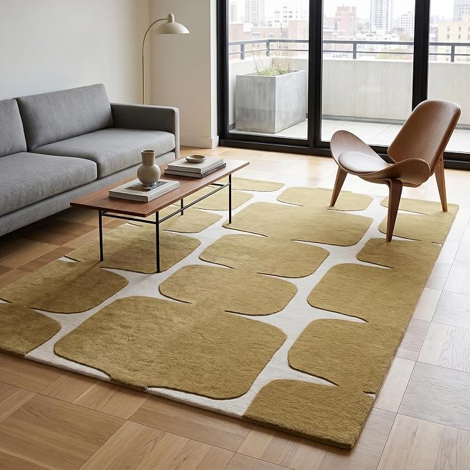 Restoration and Renovation Modern Wool Area Rug - Contemporary Abstract Geometric Design, Thick & Soft Hand-Tufted Carpet - Ideal for Indoor Decor in Living Room, Bedroom (Gold, 5' x 8')
