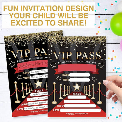 Hadley Designs Kids Birthday Invitations For Boys and Girls VIP Theme - 25 Movie Birthday Party Invitations For Boys, VIP Invites For Girls, Cute Popcorn Party Supplies, Made In USA