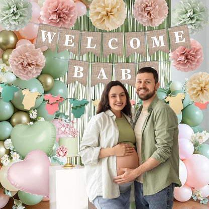 Pink Green Baby Shower Decorations Girls with Welcome Baby Banner, Paper Pom Poms, Sweet-Girl Baby Cake Topper, Retro Olive Pink Metallic Balloon Décor for Easter Jungle Safari Fairy Baby Shower Party