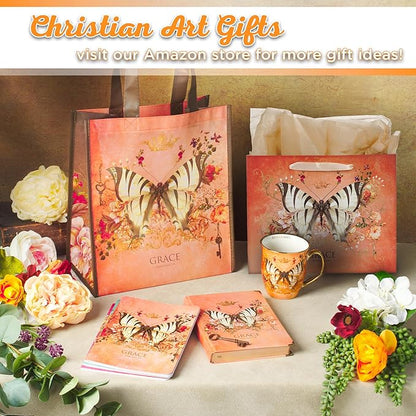 Christian Art Gifts Large Landscape Scripture Gift Bag for Women w/Greeting Card & Tissue Paper Set: Grace - Eph. 2:8 Inspirational Bible Verse, Butterfly Multicolor Floral w/Shiny Gold, Deep Orange