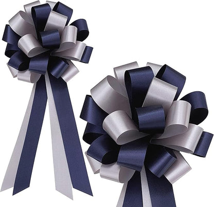Navy Blue & Silver Decorative Pull Bows - 8" Wide, Set of 6, Police Support, Christmas, Hanukkah, Wedding Ribbons, Father's Day, School Dance, Boxing Day