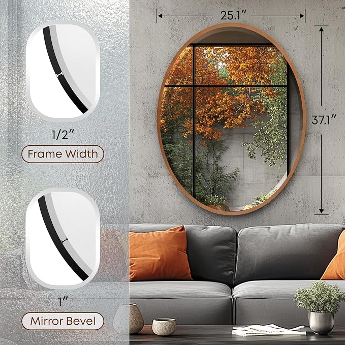 OVALCREST - Oval Wooden Beveled Wall Mirror for Home Decor, Bathroom, Vanity, Bedroom, Living Room, Hallway - London Style (Sunset Gold) 31.1 x 25.1