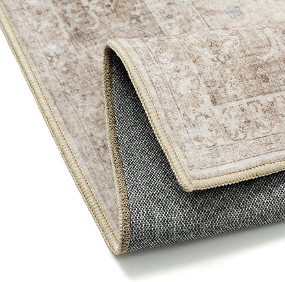 Beige Area Rug 4x5 Washable Office Entryway Vintage Carpet Low Pile Non Slip Distressed Door Mat Soft Traditional Retro Oriental Small Accent Throw Rug Kitchen Bedroom Bathroom Dining Room