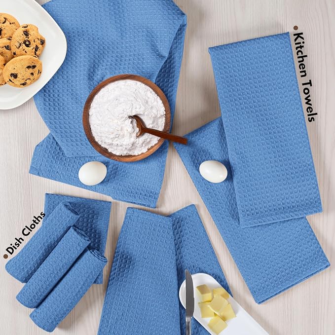 Native Fab 8 Piece Cotton Dish Towel & Dishcloths Set - Ultra Absorbent, Quick Drying, Durable Cloths for Cleaning, Cooking, Baking - Ideal for Home, Kitchen, Hotels & Heavy Duty Use - Sky Blue