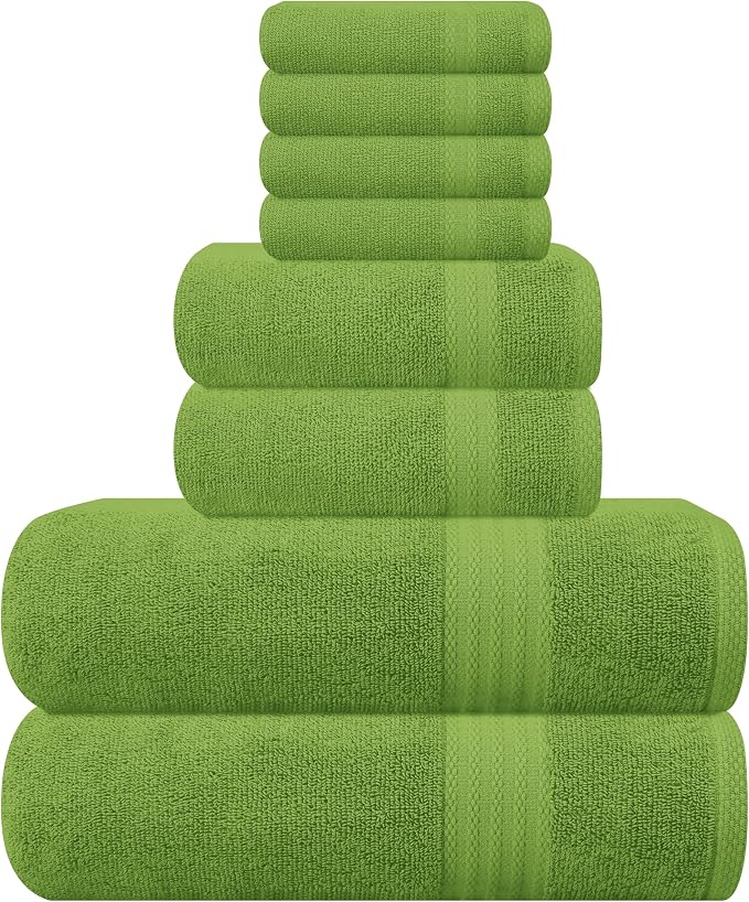 GLAMBURG Ultra Soft 8-Piece Towel Set - 100% Pure Ringspun Cotton, Contains 2 Oversized Bath Towels 27x54, 2 Hand Towels 16x28, 4 Wash Cloths 13x13 - Ideal for Everyday use, Hotel & Spa-Kiwi Green