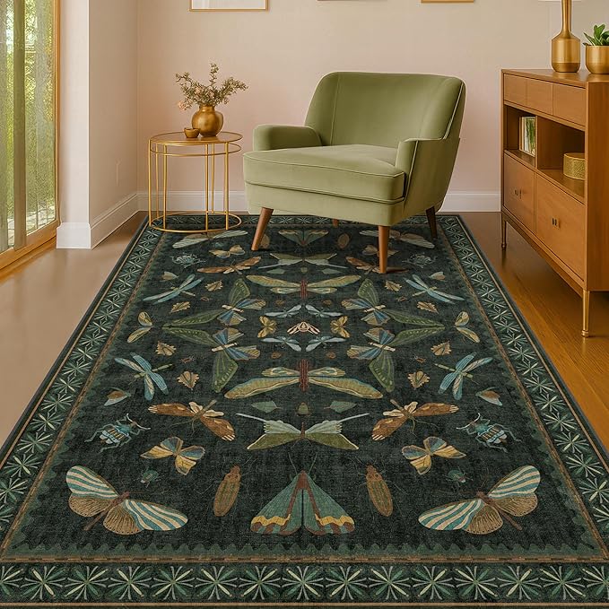 Dark Green 4x6 Washable Area Rug for Living Room, Bedroom, Large Entryway, Kitchen, Ultra Soft Non Slip Stain Resistance, Floral Forest with Brown Aethestic Design