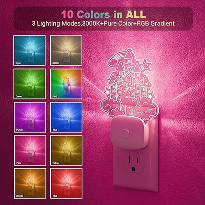 JandCase Castle Kids Night Light, 10 Color Changing, Dusk to Dawn Sensor, Acrylic RGB Nightlight for Kids Girls Bedroom, Gifts for Girls