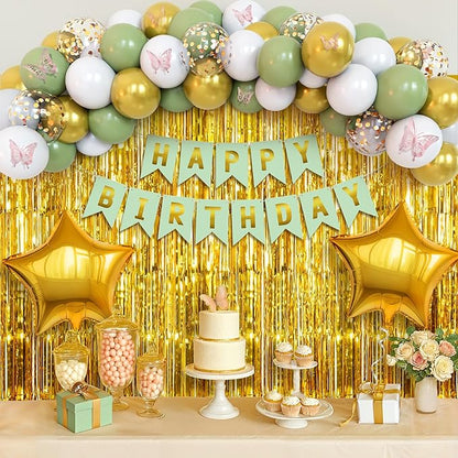 KatchOn, Sage Green Birthday Decorations - Pack of 51 | Happy Birthday Banner, Latex Balloons Arch Kit, Gold Fringe, Star Foil Balloons, Butterfly Theme Decor | Birthday Decorations for Women, Men