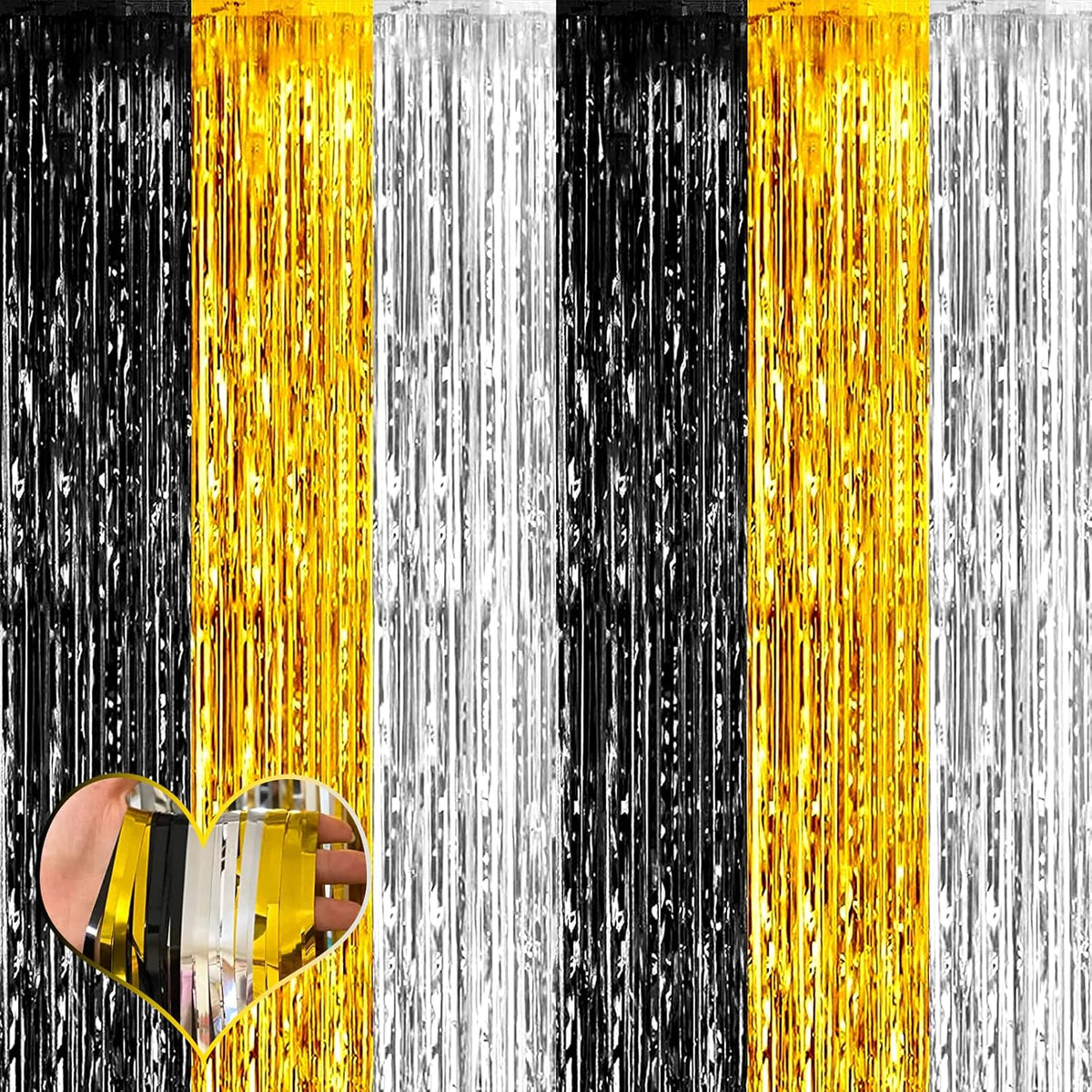 4 Pack 3.2Ft x 6.6Ft Black Gold Silver Fringe Curtain Backdrop, Metallic Tinsel Foil Fringe Streamers Curtains Background for Wedding Notorious One Birthday Roaring 20s Graduation Party Decoration
