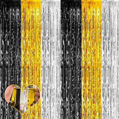 4 Pack 3.2Ft x 6.6Ft Black Gold Silver Fringe Curtain Backdrop, Metallic Tinsel Foil Fringe Streamers Curtains Background for Wedding Notorious One Birthday Roaring 20s Graduation Party Decoration