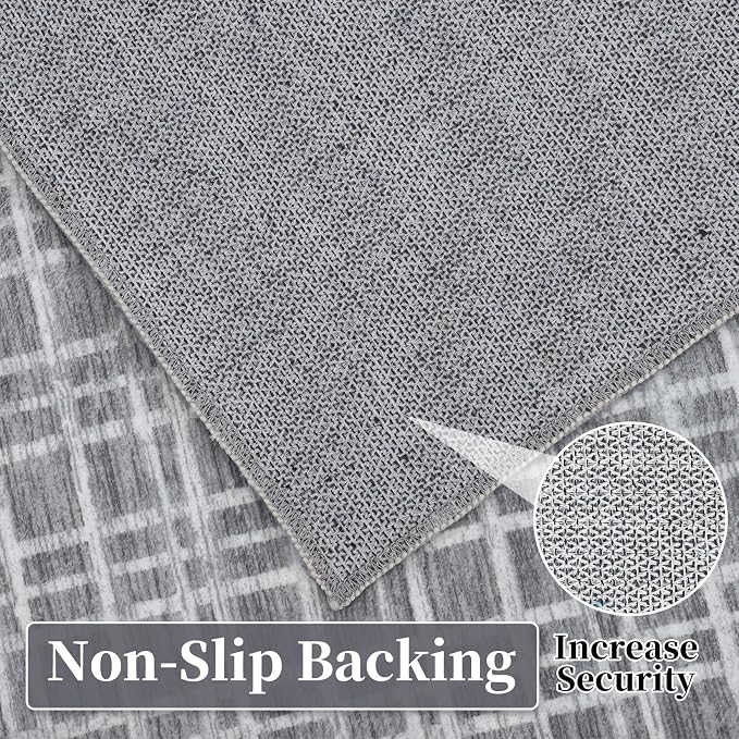 Washable Rug 6 x 9 Area Rug for Living Room Modern Large Area Rug for Bedroom Farmhouse Grid Non Slip Throw Rugs Soft Faux Wool Low Pile Stain Resistant Carpet for Dining Room 6'x9' Grey