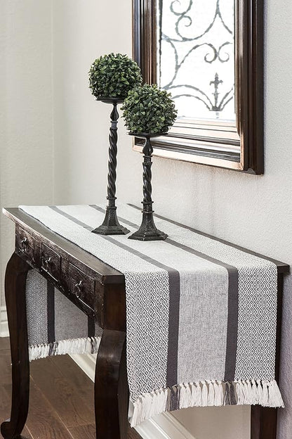 Sticky Toffee Cotton Table Runner, 14 x 72 Inch, Gray Woven Farmhouse Boho Striped Table Décor for Kitchen or Dining