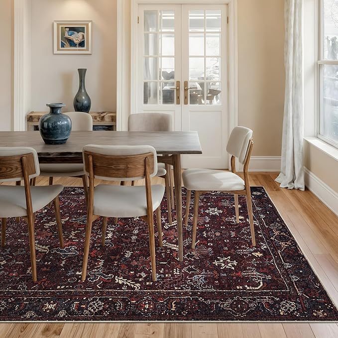 Bloom Rugs Washable Non-Slip 6' x 9' Rug - Burgundy Traditional Bordered Area Rug for Living Room, Bedroom, Dining Room, and Kitchen - Exact Size: 6' x 9'