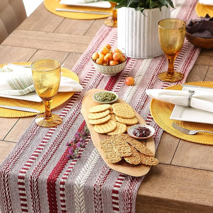 DII Farmhouse Braided Stripe Table Runner Collection, 15x108 (15x113, Fringe Included), Barn Red