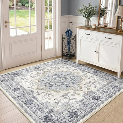 CAPALOCA Machine Washable Rugs Nursery Rug Sq5ft Cute Girl Non Slip Low Pile Water Repellent Soft Print Pattern for Bedroom Indoor Decor Kids Playroom Blue White