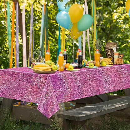 Just Shimmer Sparkling Pink & Gold Holographic Laser Tablecloth - Shimmering, Waterproof, Easy to Clean - Ideal for Bachelorette, Birthday, Wedding, and Anniversary Party Decorations