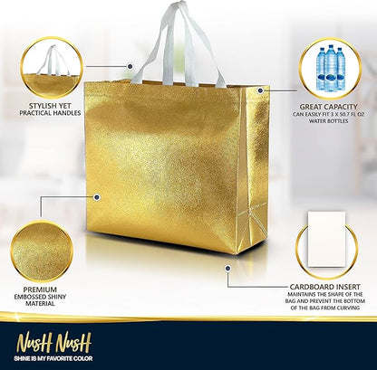 Nush Nush Set of 30 Gold Gift Bags in Bulk - Reusable Shiny Gold Gift Bags With Handles - Perfect For Small Business Use, Christmas, Birthdays, Events, Party Favors, Weddings, Holiday- 13Wx5Dx11H Size