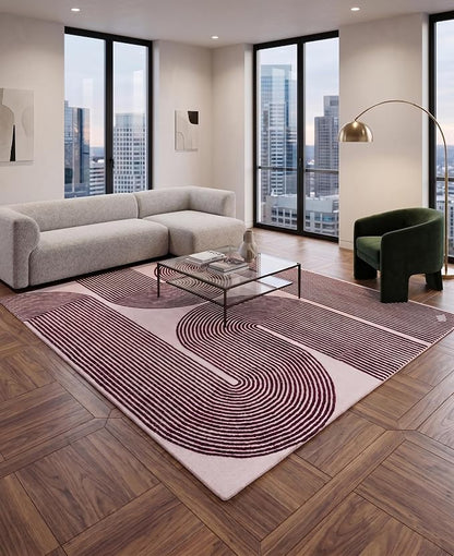 Modern Handmade Wool Area Rug, Abstract Curved Line Geometric Indoor Carpet for Living Room Bedroom, Contemporary Tufted Rug with Soft Pile and Cotton Backing (Deep Plum, 5' x 8')