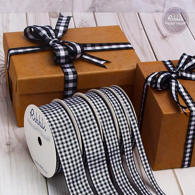 Ribbli Black and White Gingham Ribbon,100% Polyester Woven Edge,5/8 Inch x 10 Yard,Plaid Ribbon,Buffalo Checked Ribbon (Black B)